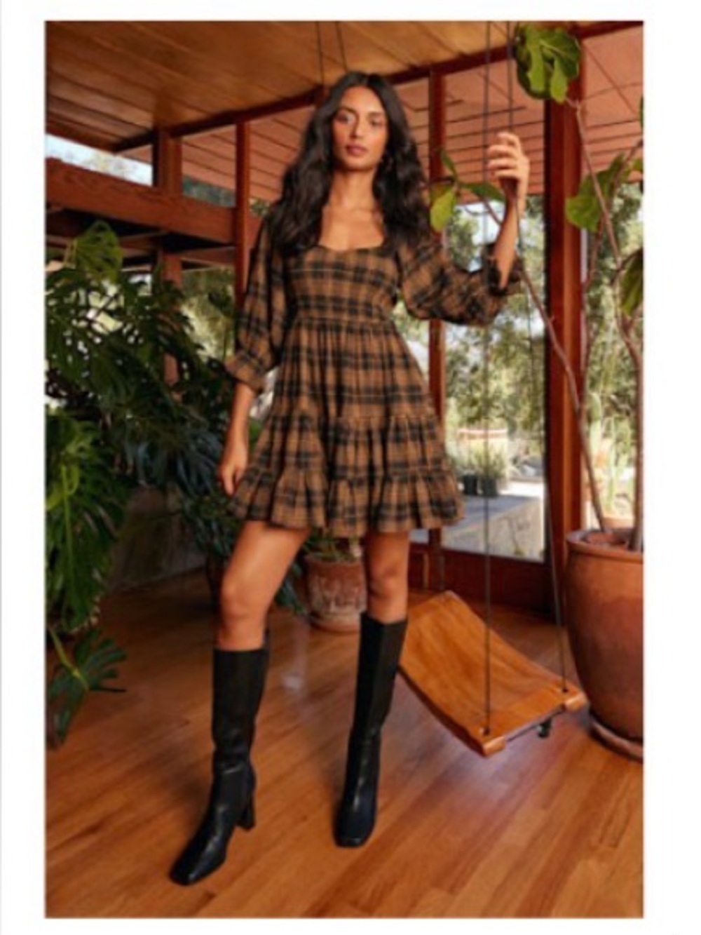 Lulus No One Cuter Black and Tan Plaid Puff Sleeve Tiered Mini Dress Size M